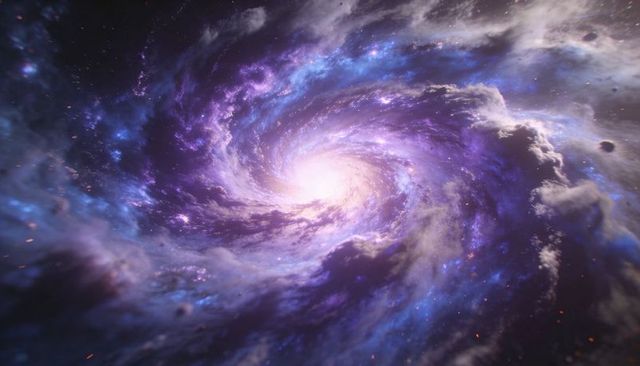 Spiral Galaxy Swirling with Luminous Core, Nebula Clouds and Cosmic Dust in Deep Space
