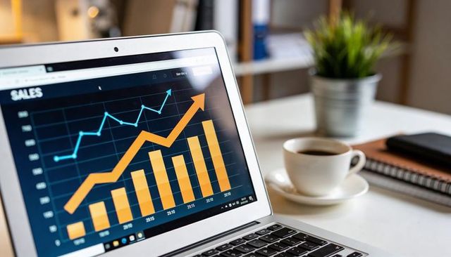 Laptop displaying sales growth dashboard with rising orange bars and blue trend line