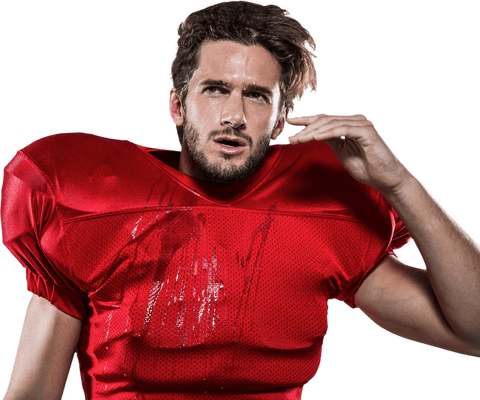 Wet american football player in red jersey looking away transparent background
