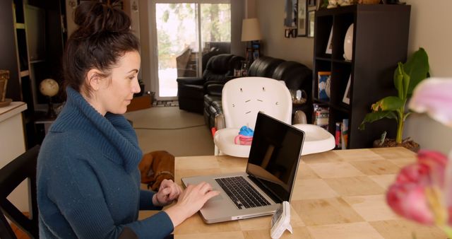 Woman working remotely at home on laptop in cozy living room - Download Free Stock Images Pikwizard.com