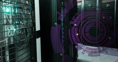 Futuristic Server Room with Animated Data Technology Interface
