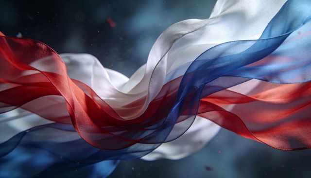 Flowing translucent red white blue silk ribbons creating layered motion and soft gradients