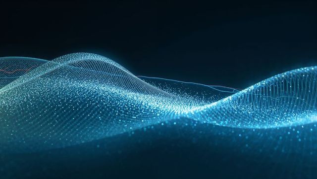 Futuristic digital waves with luminescent particles and gridlines
