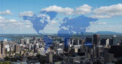 Digital Overlay of World Map with Financial Data on Cityscape - Download Free Stock Images Pikwizard.com