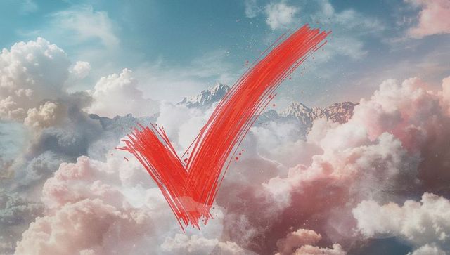 Red Check Mark Looming Over Pastel Cloudscape