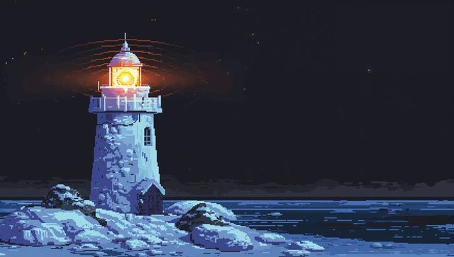 Pixel lighthouse beacon glowing over rocky coastal nightscape with starry sky