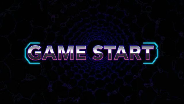 Glowing cyber futuristic 'game start' prompt with neon hexagonal tunnel