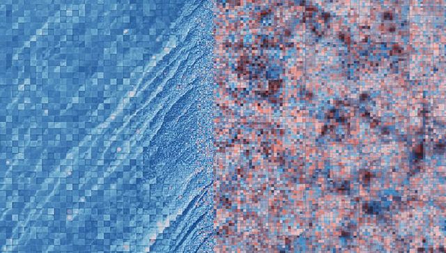 Dividing digital mosaic with center seam, square tile grid and ripple texture