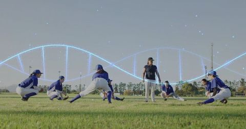 Baseball team stretching with dna helix overlay