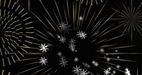 White snowflakes and gold fireworks on black background