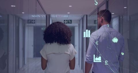 Colleagues discussing global finance in modern office