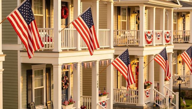 Suburban porches dressed in american flags at golden hour for patriotic holiday celebrations