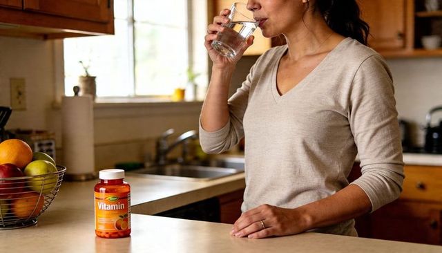 Woman drinking water at sunlit kitchen counter with vitamin bottle and fruit for wellness