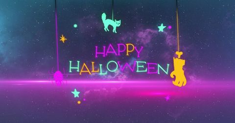 Vibrant Happy Halloween with Neon Elements and Spooky Decorations