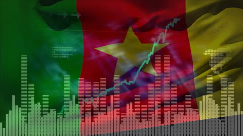Cameroon Flag with Financial Charts and Upward Trend Line
