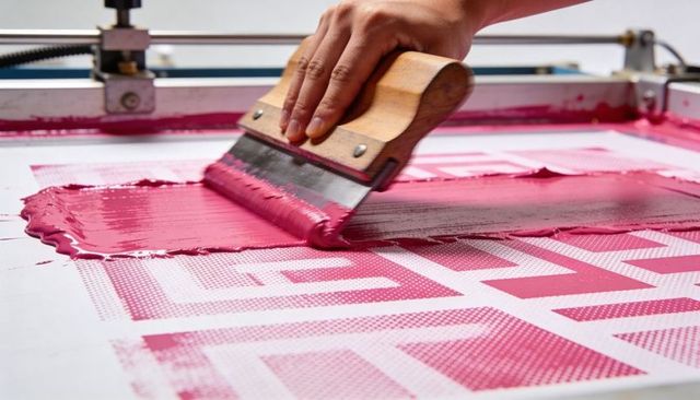 Screen printing squeegee pulling magenta ink across halftone mesh for printmaking workshop