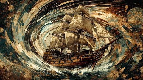 Wooden sailing pirate ship navigating stormy sea vortex