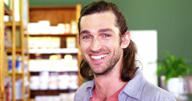 Happy Man Smiling in Grocery Store - Download Free Stock Images Pikwizard.com