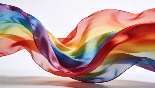 Flowing rainbow silk scarf creating translucent waves and soft shadow play