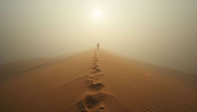 Traveller footprints on desert dune amidst hazy horizon