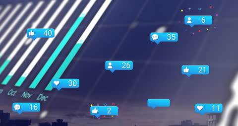Digital Social Media Analytics Overlay on Cityscape Background