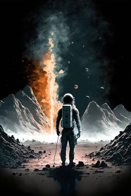Astronaut stands on an alien planet with volcanic eruption and starry sky in background. Perfect for sci-fi novels, space exploration themes, and futuristic adventure stories.