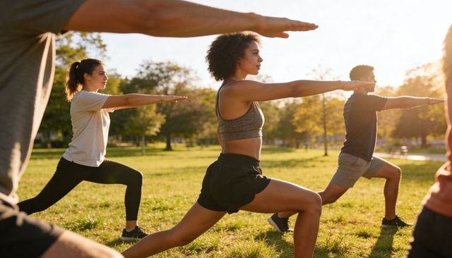 Sunlit outdoor group lunging in park for dynamic fitness class and vertical social video