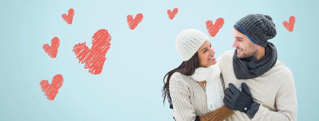 Couple in Winter Wear Shares Loving Look Among Stenciled Hearts - Download Free Stock Templates Pikwizard.com