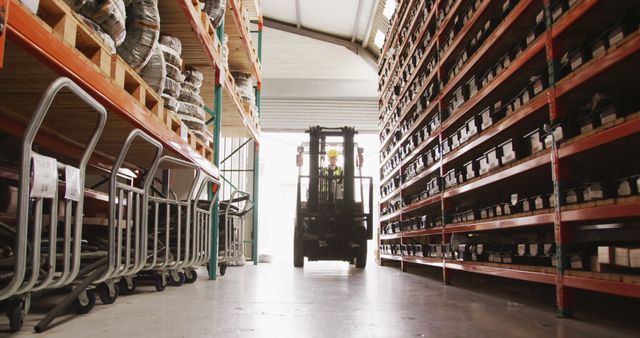 Warehouse Interior with Forklift Operating Between Shelves - Download Free Stock Images Pikwizard.com