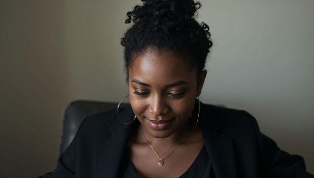 Calm professional woman looking down wearing black blazer and gold pendant headshot