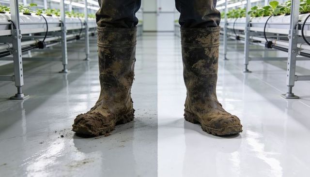 Standing mud-covered rubber boots in hydroponic greenhouse aisle with irrigation tubing