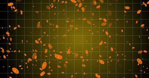 Falling coins over digital grid background