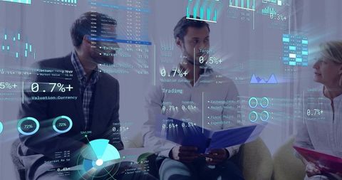 Business Team Presenting Financial Data with Augmented Reality Dashboards for Fintech