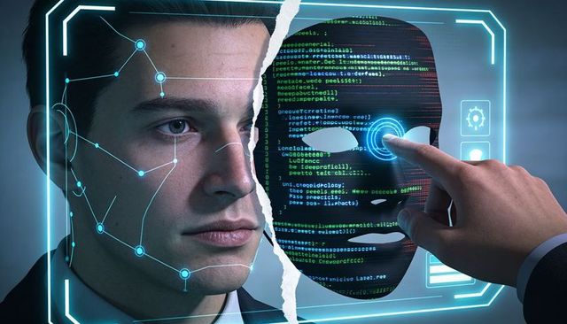Businessman facing biometric facial scan displaying holographic ai mask touching code ui