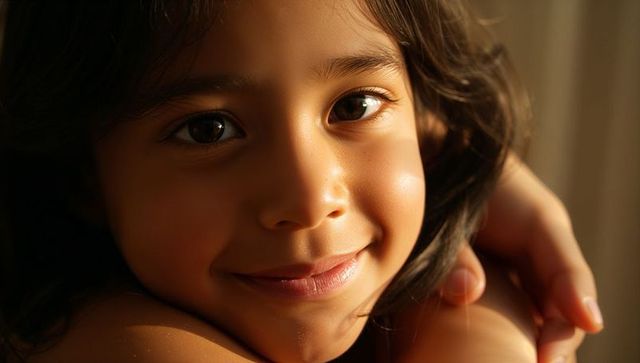Smiling child closeup with warm sunlight and adult hand on shoulder conveying affection