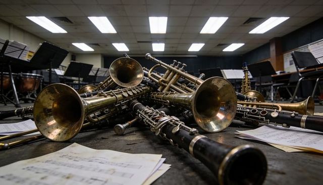 Brass and woodwind instruments resting on rehearsal floor with scattered sheet music