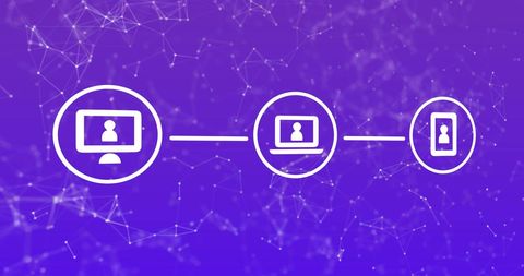 Digital communication concept with icon network on purple background