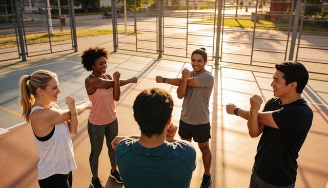 Urban outdoor group stretching on sports court at sunset — friends warming up together