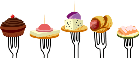 Stylish assorted canapés on forks with transparent background