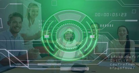 Innovative Team Discussion with Futuristic Digital Interface