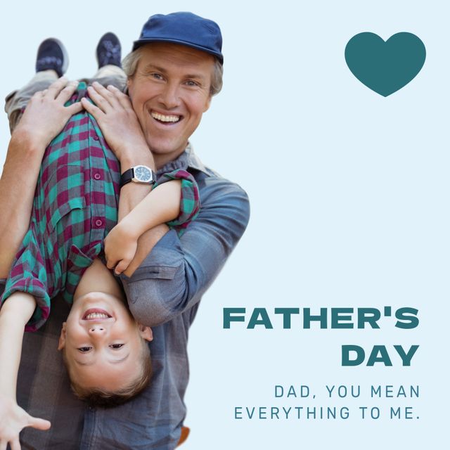 Caucasian father holding son upside down in festive mood. Great for Father's Day promotions, family-related advertisements, and greeting card designs. Perfect for highlighting father-son relationships and family celebrations.