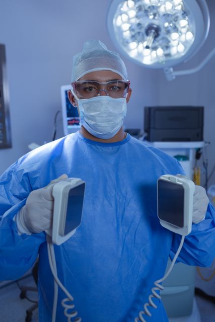 Male surgeon in blue surgical gown and mask holding a defibrillator in a hospital operating room. Ideal for use in medical articles, healthcare advertisements, educational materials, and emergency response training resources.