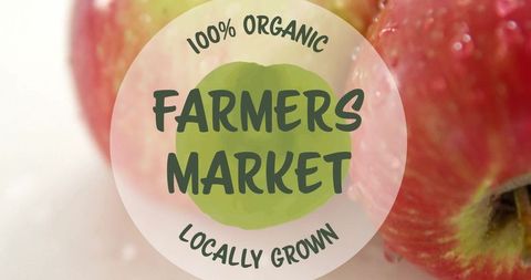 Organic farmers market advertisement with fresh apples background