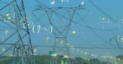 Towering pylon dominating utility corridor with smart-grid overlays on dusk-lit highway