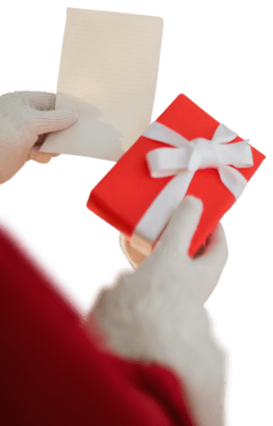 Santa's Hands with Gift and Letter on Transparent Background