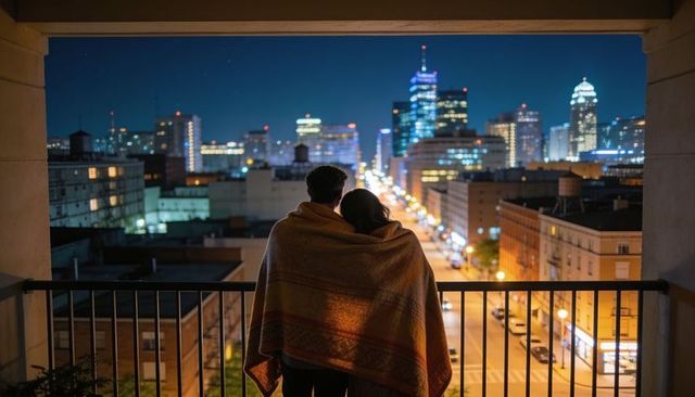 Couple wrapped in blanket standing on balcony, watching illuminated city skyline at night