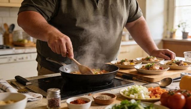 Man stirring skillet on stovetop leaning over counter while plating hearty vegetable stew