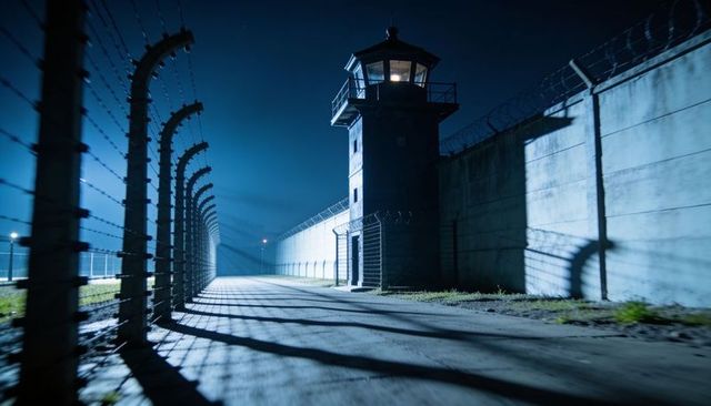 Nighttime prison perimeter with guard tower, razor wire and dramatic shadow lines
