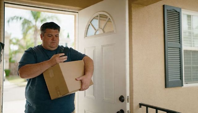 Delivery worker checking smartphone while holding package at sunlit suburban front door