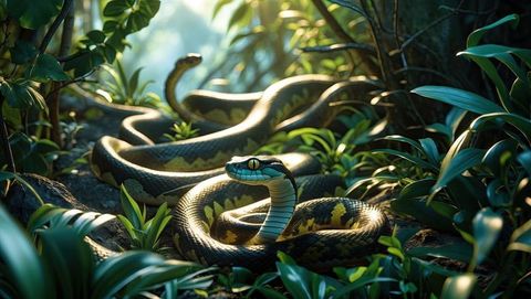 Banded snake slithering through dense tropical jungle